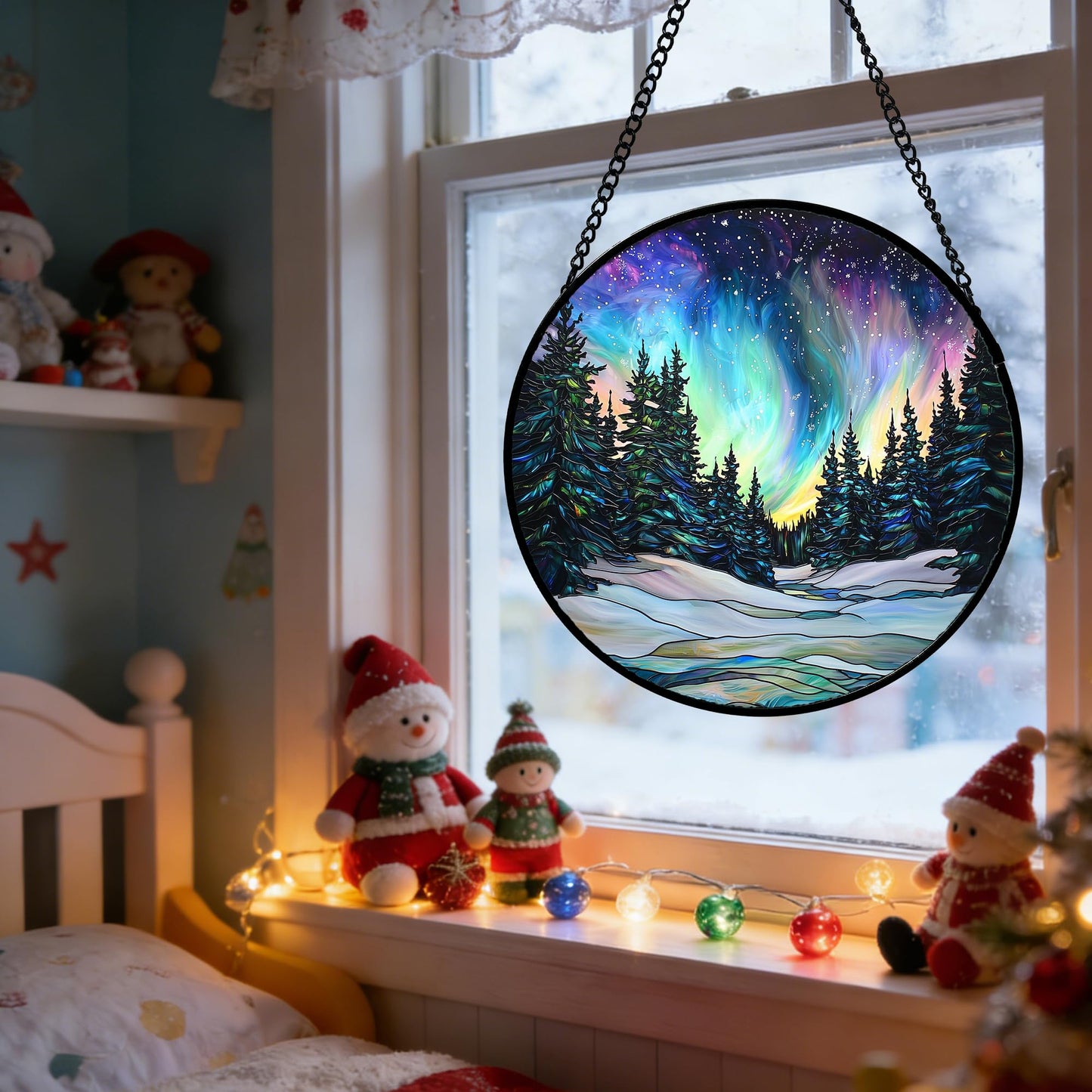 DASTOLL Stained Glass Window Hanging, Aurora Landscape Sun Catchers Glass Panel Green Trees Suncatcher Decor for Birthday for Women, Men, Wife, Aunt, and Mom 7.8 in