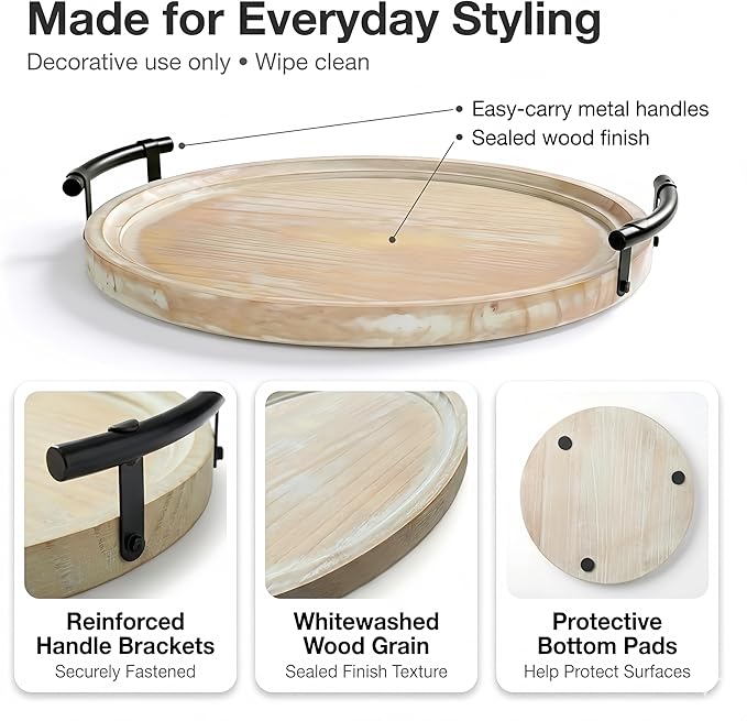 13" Round Decorative Wood Tray with Handles, Whitewashed Farmhouse Coffee Table Decor for Living Room, Entryway & Kitchen Island, Includes Bead Garland, Giftable Home Decor