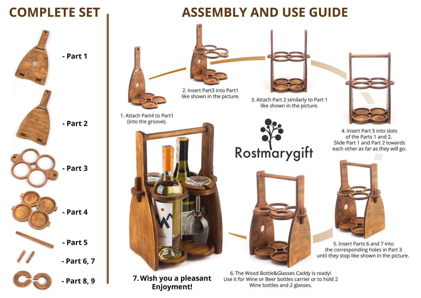 ROSTMARYGIFT Wood Wine Bottle and Glasses Caddy - Beer Carrier - Drinking Desk Accessories - Men's Organizer - Glass Tray Holder - Storage Stand - Drink Holder for Beer