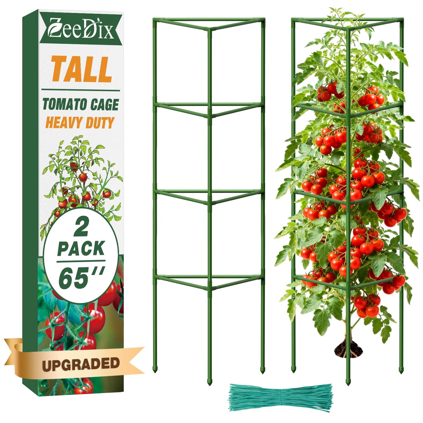 ZeeDix 65 Inch Tall Tomato Cages for Garden, 2 Pack Heavy Duty Large Plant Support Stakes for Heavy Climbing Vegetables, Adjustable Tomato Trellis for Pots & Outdoor Raised Garden Beds
