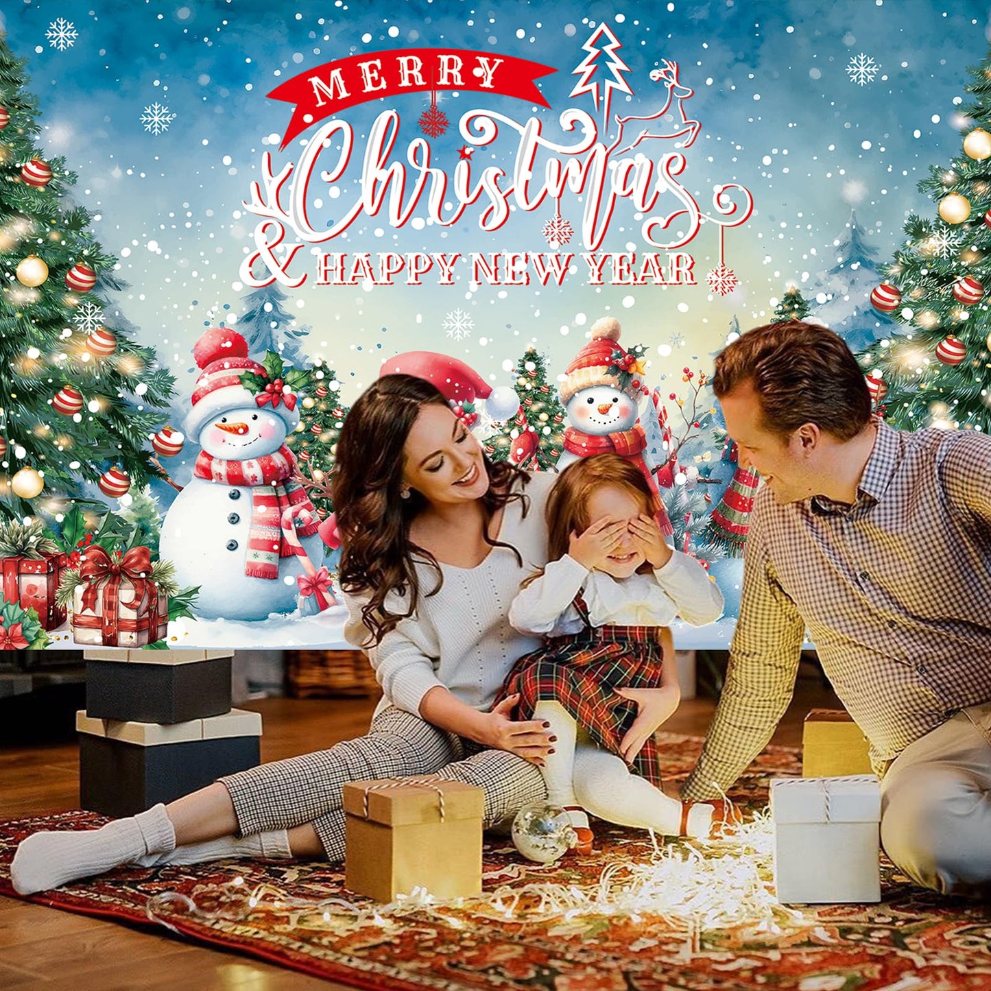 HILAVO 6x3.6ft Large Christmas Banner Backdrop, Snowman Merry Christmas Banner Indoor Xmas Photography Background Party Decoration for Xmas New Year Party Photo Booth Wall Hanging Decor