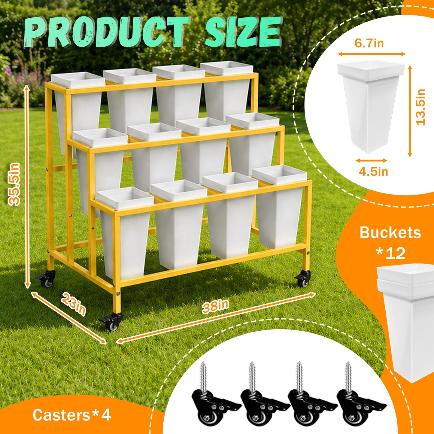 PROLEE Flower Display Stand with 12 Buckets, 3 Layers Flower Cart , Metal Flower Stand with Wheels, Moving Florist Bouquet Shelf, Gold
