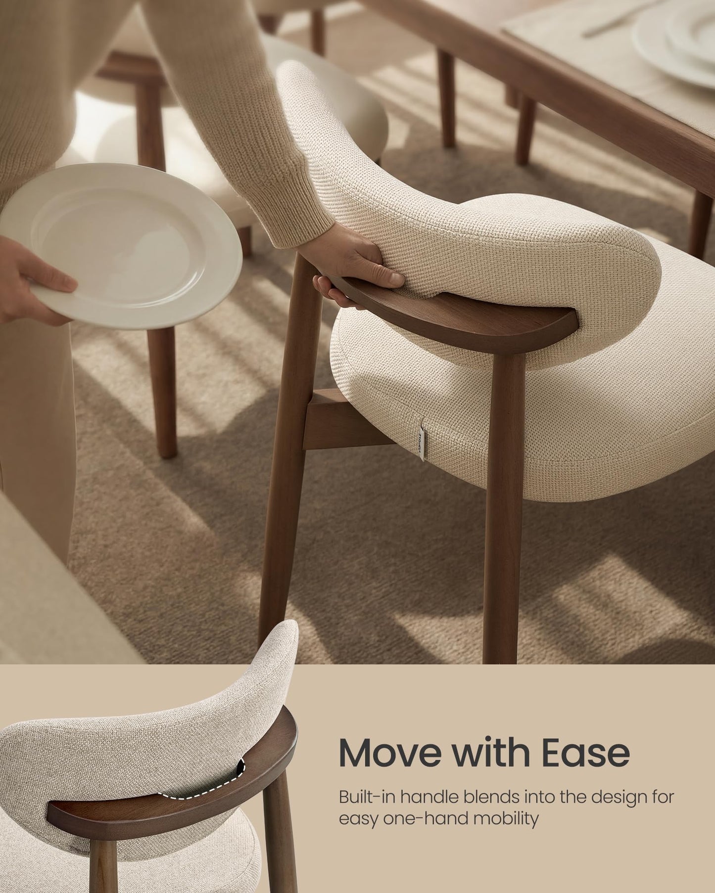VASAGLE Wooden Dining Chairs Set of 4, Upholstered Kitchen Chairs with Solid Wood Legs, Ergonomic Curved Backrest, Built-in Handle, Mid Century Modern, for Kitchen Dining Vanity, Cappuccino Beige