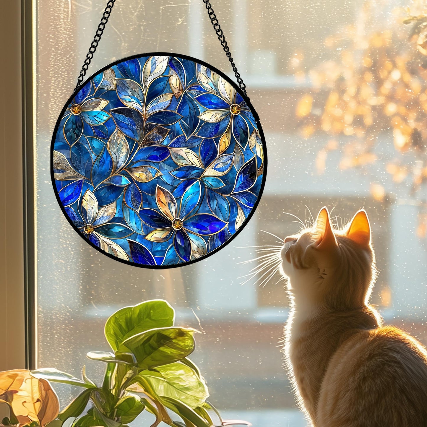 JOSUMALY Stained Glass Window Hanging - Blue Gold Abstract Flowers Suncatcher for Door Terrace Garden Home Decor, Plant Sun Catcher Birthday Gifts for Lovers Women Men Dad Mom Nana 9.8 in