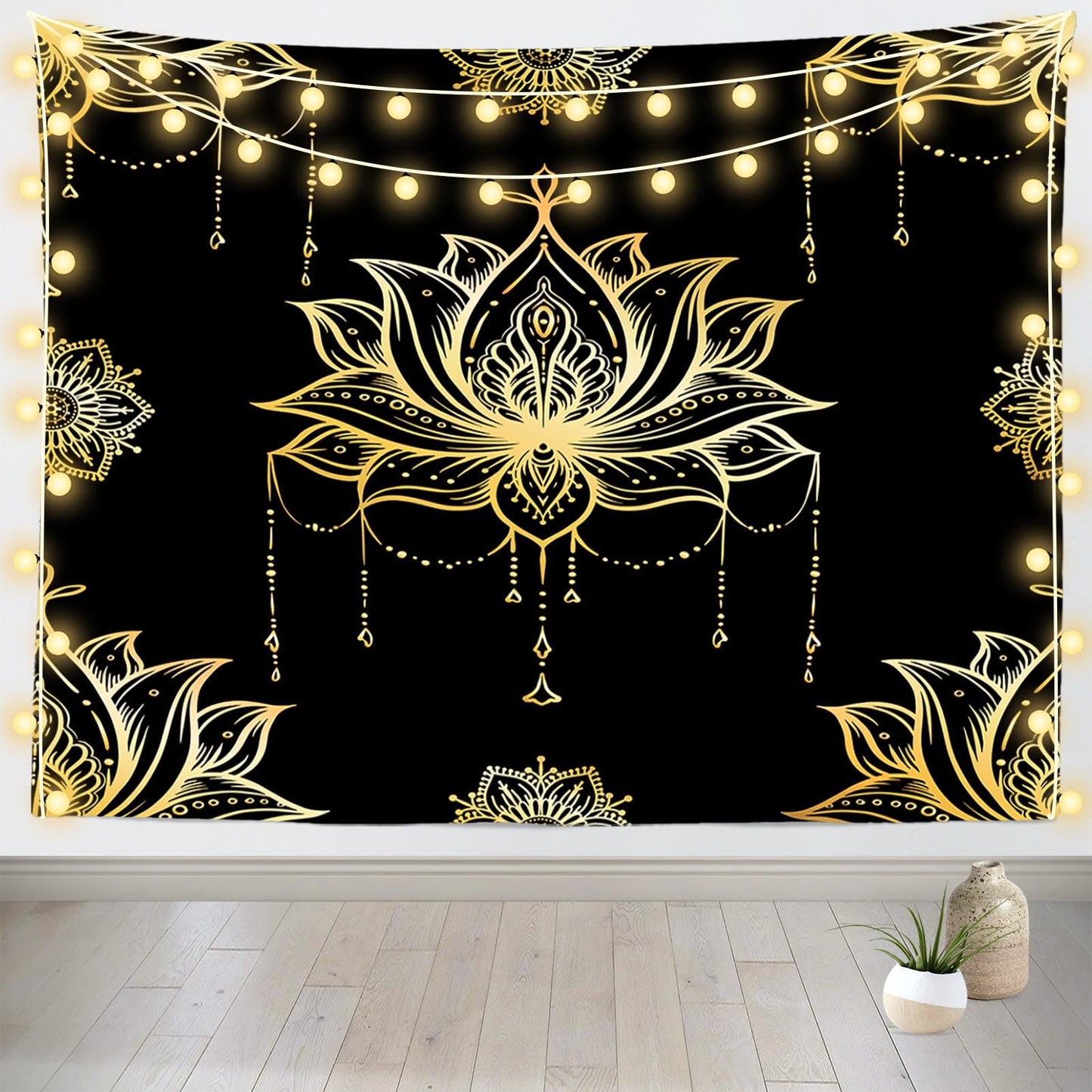 Loccor Black Gold Lotus Tapestry Spiritual Lotus Psychedelic Meditation Lotus Flower Wall Hanging Decor Bedroom Living Room Zen Boho Wall Art Decor 80‘’x60''