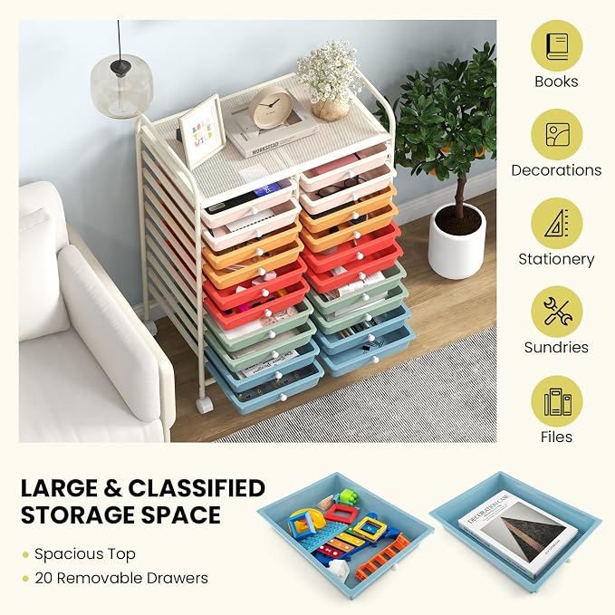 Giantex 20 Drawers Rolling Cart, Mobile Storage Drawer Cart, Classroom Organizer Cart for Office School Supplies Teacher Tools Scrapbook Paper Craft Small Printer, Utility Cart on Wheels, Macaron