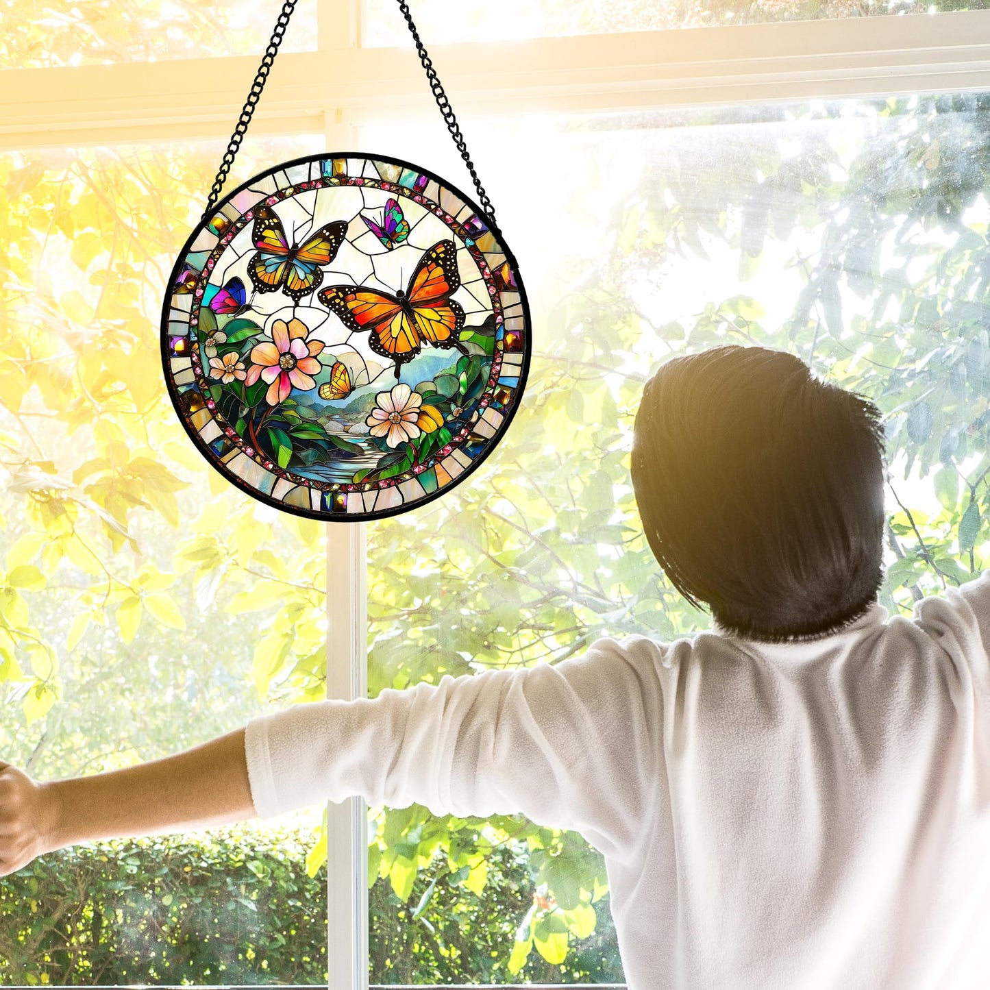 DASTOLL Stained Glass Window Hanging, Butterflies Flying in the Sky Suncatcher for Doors Home Sun Catchers Decoration and Christmas, Mother's Day Birthday Gifts for Women, Men, and Mom 6.3 in