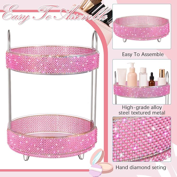 Honeydak 360 Rotating Perfume Organizer Gift for Women, Rhinestone Preppy Skincare Organizer Bathroom Counter Makeup Holder Skincare and Perfume Storage for Cosmetic(2 Tiers,Pearl,Pink)