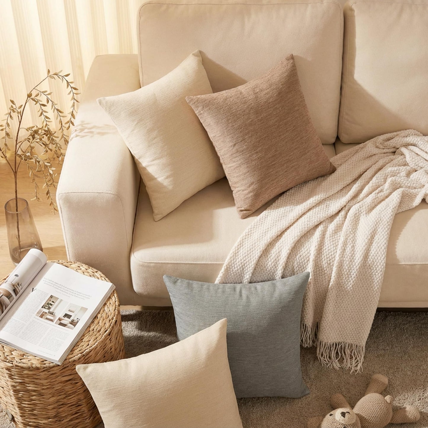 Set of 4 Neutral Throw Pillow Covers 18x18 Inch, Neutral Boho Farmhouse Aesthetic Decorative Pillow Cases for Couch, Sofa, Living Room & Bed, Soft Chenille Pillow Cases, Stylish Home Decor, 45x45 cm