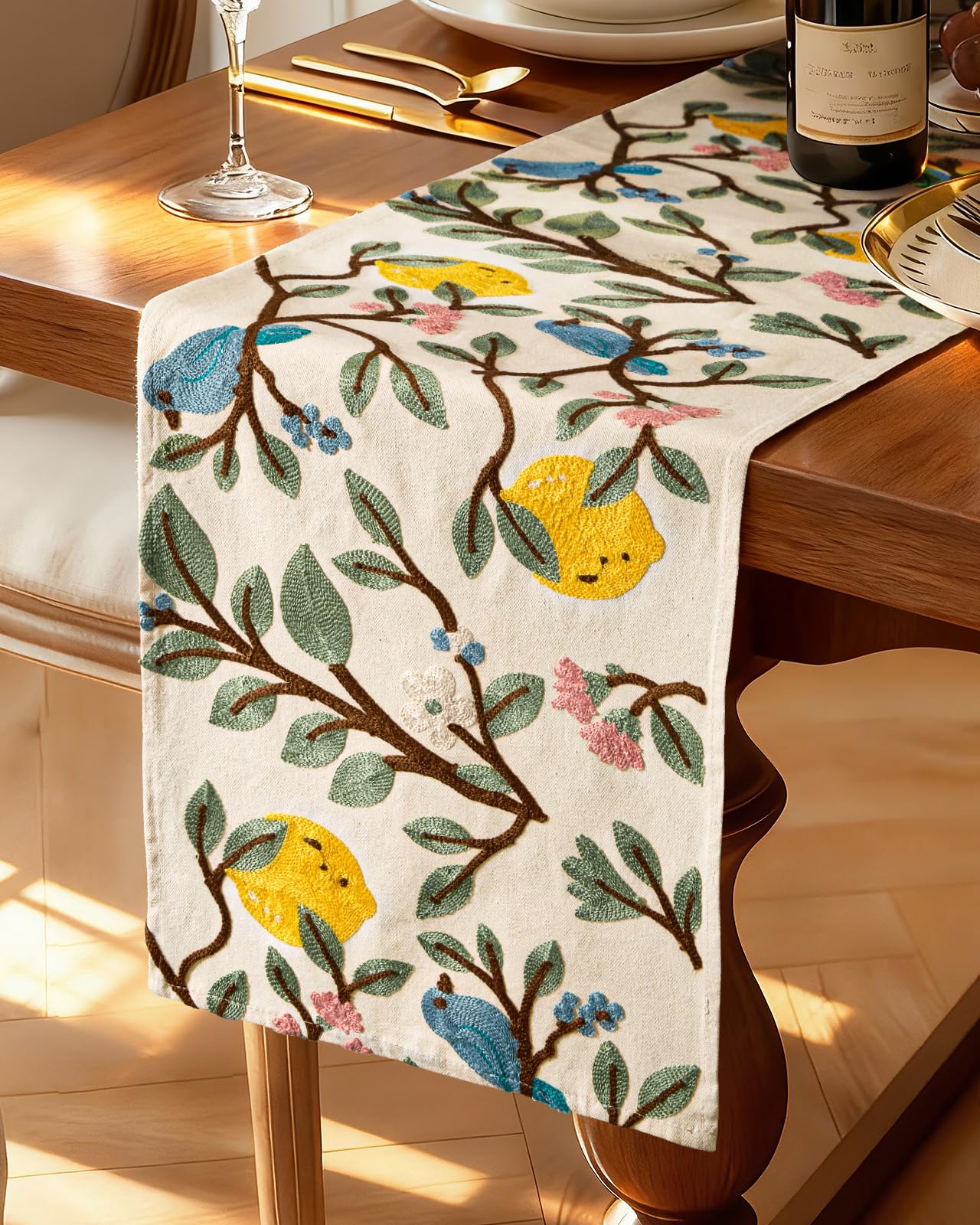 Kokaaee Canvas Embroidered Table Runner - 13"x 72" Coffee Table Runner for Living Room Narrow Tablerunner for Dining Room Washable Farmhouse Kitchen Island Counter Decor Housewarming Gift, Lemon Bird