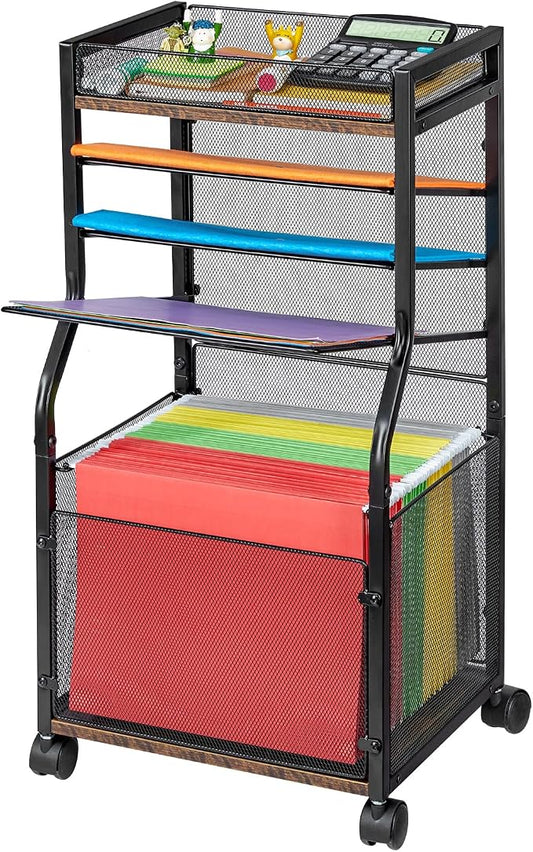 5-Tier Rolling File Cart with Lockable Wheels, Mobile File Cabinet for Hanging File Folders Sliding Trays, Under Desk Storage, Paper Organizer Utility Cart Filing Cabinet for Office, Home, School