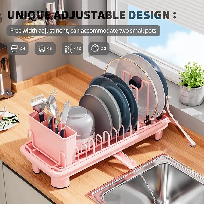SanDream Small Dish Drying Rack with Removable Utensil Holder & Anti-Scratch Base - Stainless Steel Dish Rack, Dish Drying Rack with Drainage & Space Saving Design for Kitchen Counter, Pink