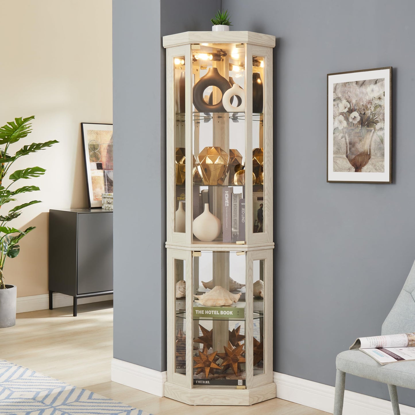 KEIKI 70" Corner Glass Display Cabinet with Adjustable Shelves, for Collectibles, Storage Curio Cabinet with Side-Hung Pane Doors, 5-Tier Showcase Display Case, Easy Assembly, for Living Room, White
