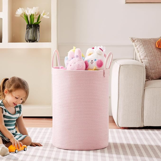 80L Extra Large Pink Hamper Laundry Basket for Baby Girls Tall Nursery Hamper for Kids Woven Rope Clothes Basket for Little Girls Room Bedroom Light Pink Kawaii 16"D x 22"H