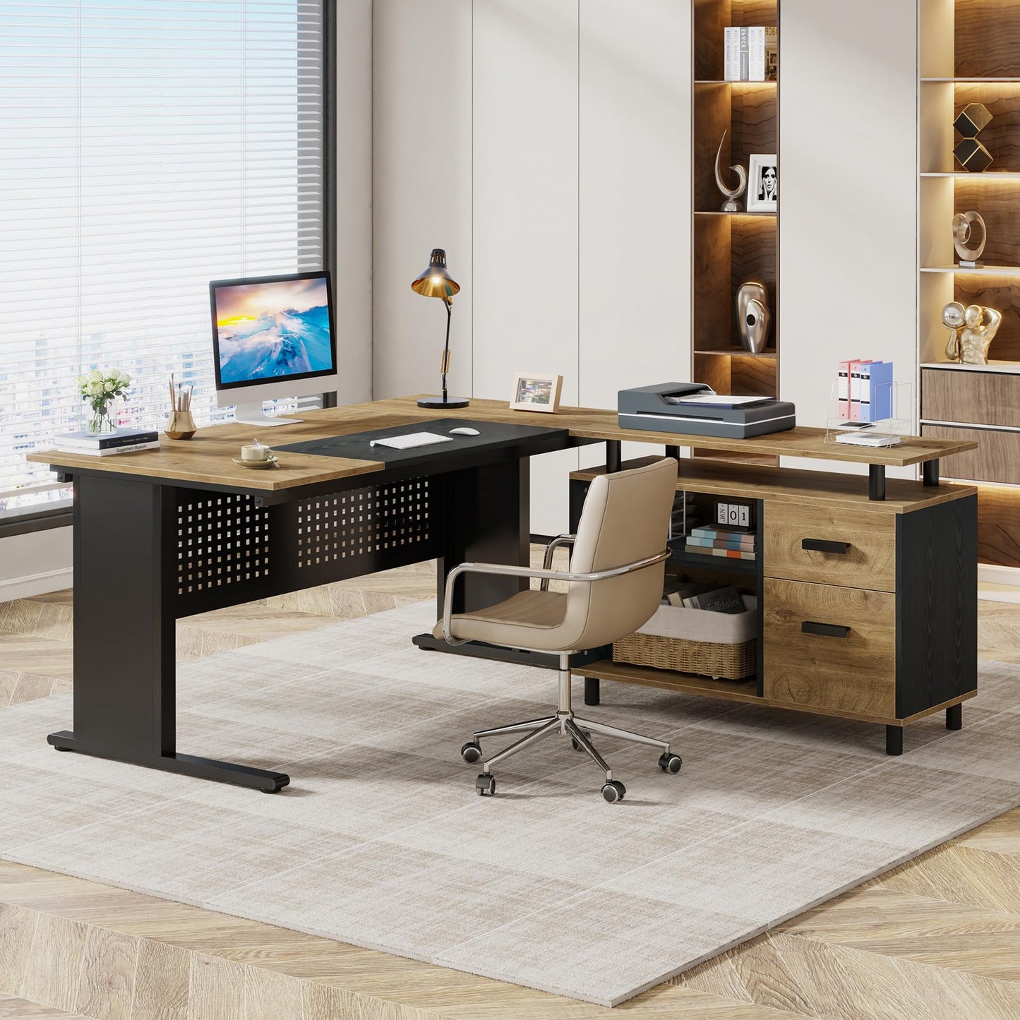 Tribesigns 63 Inch Executive Desk with File Cabinet, Large Office Desk L Shaped Computer Desk with Drawers and Storage Shelves, Business Furniture Desk for Home Office, Wood Color and Black
