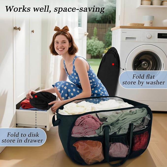 Upgraded Cationic XL Collapsible Laundry Baskets, 100L Extra Large Mesh Pop Up Hamper with Handles and bag, Portable Stair Basket, Dirty Clothes Hamper for Cruise Travel Bedroom. Black