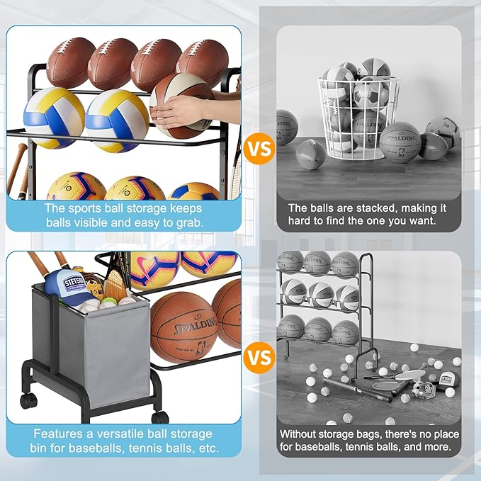 Ball Storage Rack, Adjustable Basketball Holder Display Stand with Ball Basket Bin Hooks, Outdoor Ball Cart with Wheels for Soccer Football Tennis Baseball, Sport Equipment Organizer for Garage Gym