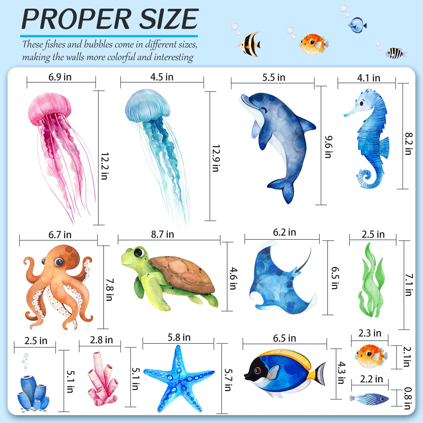 4 Sheets Ocean Fish Wall Decals Stickers Sea Wall Decal Stickers Removable Sea Life Marine Animal Sticker Underwater Ocean Creatures Decor for Kids Girls Boy Nursery Bedroom Bathroom