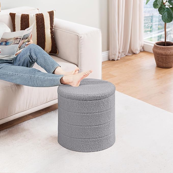 PINPLUS Round Storage Ottoman Foot Rest Stool with Tray Velvet Sherpa Folding Storage Ottoman,Boucle Foot Rest for Living Room, Bedroom, Dorm, Dorm,Grey Color