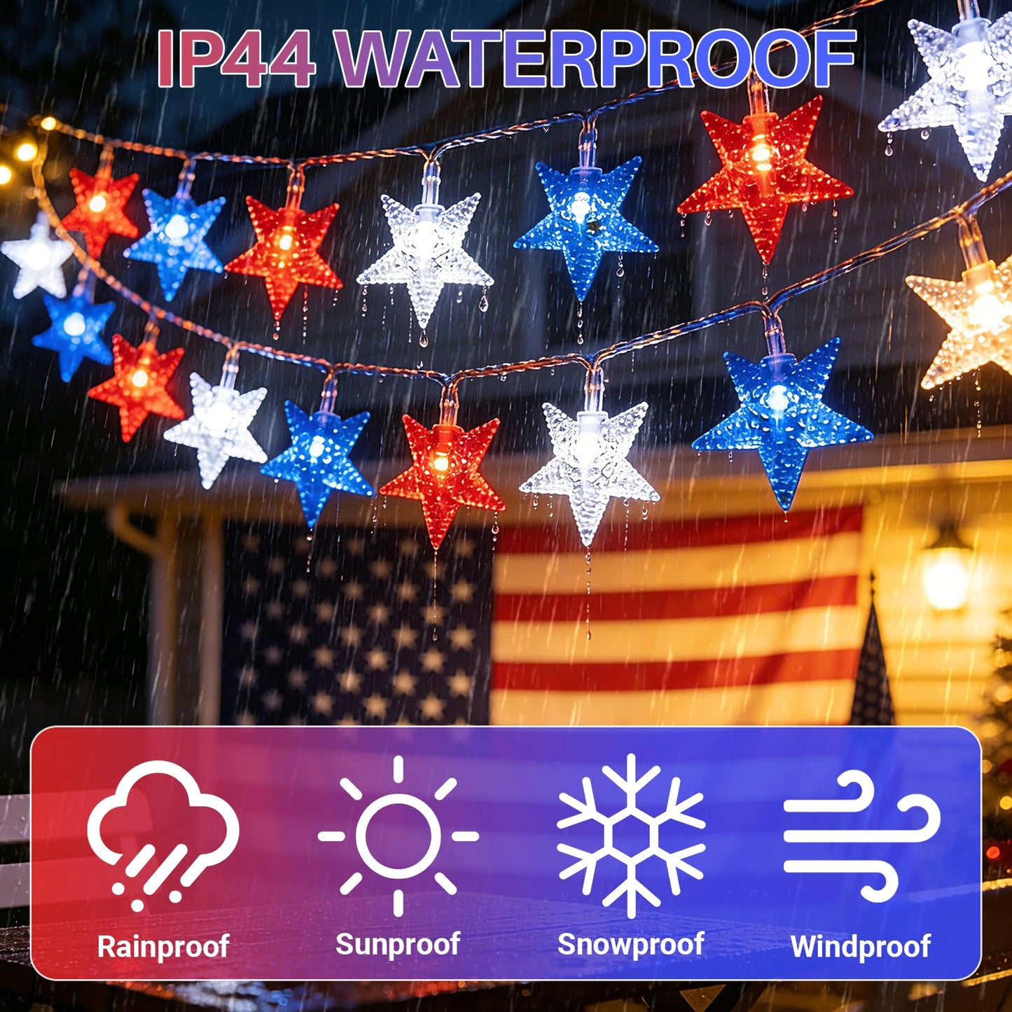 LAMPHOME 16FT 50 LED Patriotic Star String Lights, Clear Wire Battery Operated Waterproof Starry Lights with Remote & Timer for Independence Day, 4th July Window Porch Decoration