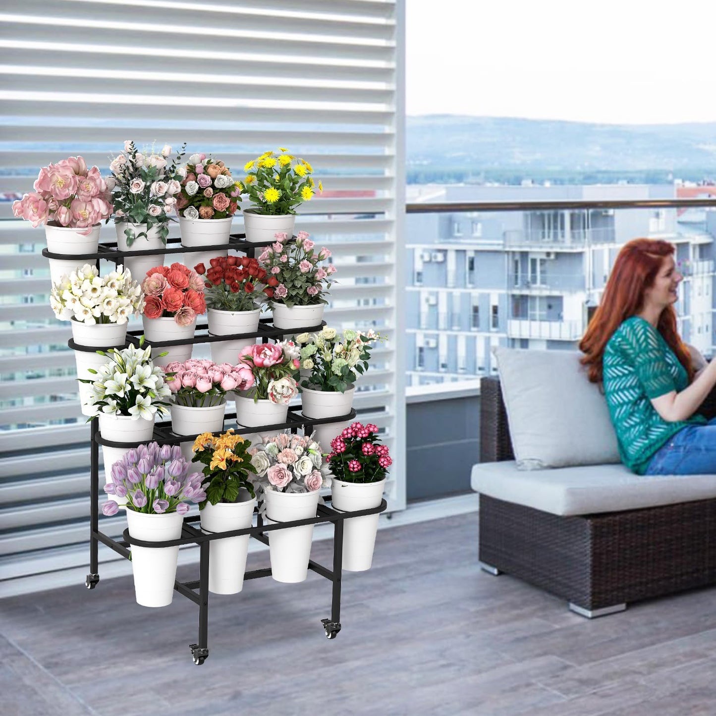 YAGEANNL 4 Tier Flower Display Stand, Metal Flower Bar Stand for Fresh Flowers Without 16pcs Buckets, Heavy Duty Garden Flower Cart Display Stand with Wheels
