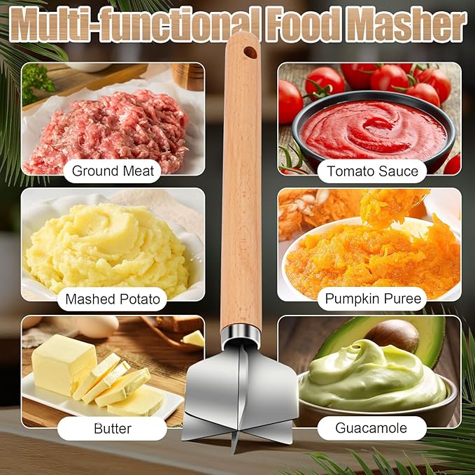 304 Stainless Steel Meat Chopper, 6-Blade Heavy Duty Ground Beef Meat Masher, 11 Inch Food Grade Hamburger Smasher Metal Kitchen Tool for Vegetable Puree Cooking