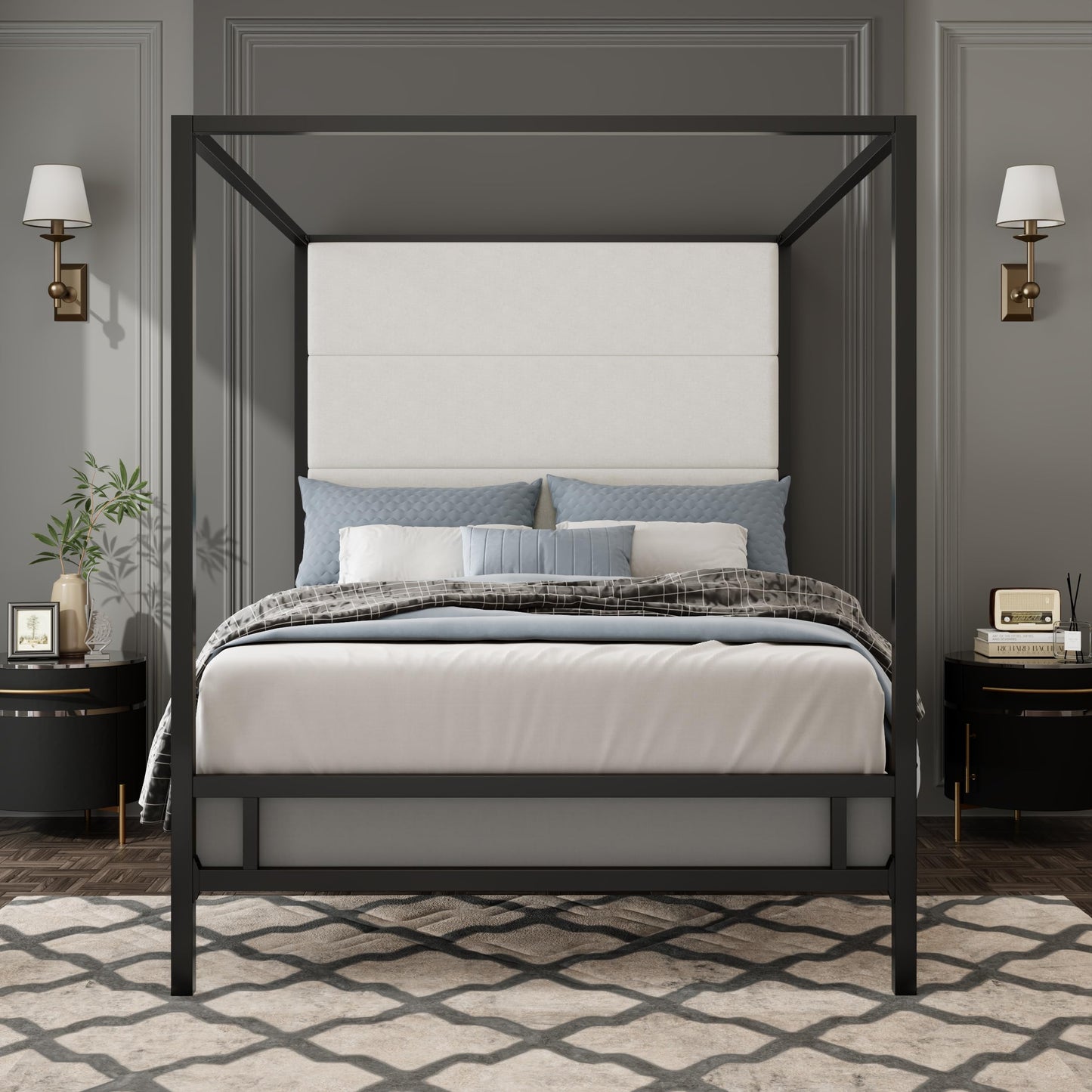Merax Queen Size Metal Canopy Bed Frame, Modern Tall Upholstered Velvet Headboard, Black 4-Poster Bed with 800 lbs Capacity, Box Spring Required Easy Assembly for Bedroom, Black+White