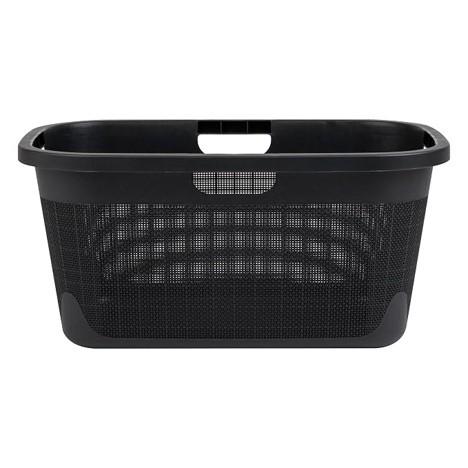 Mind Reader 40L Laundry Basket, Linen Design Clothes Hamper, Plastic Storage Bin with Handles, Black