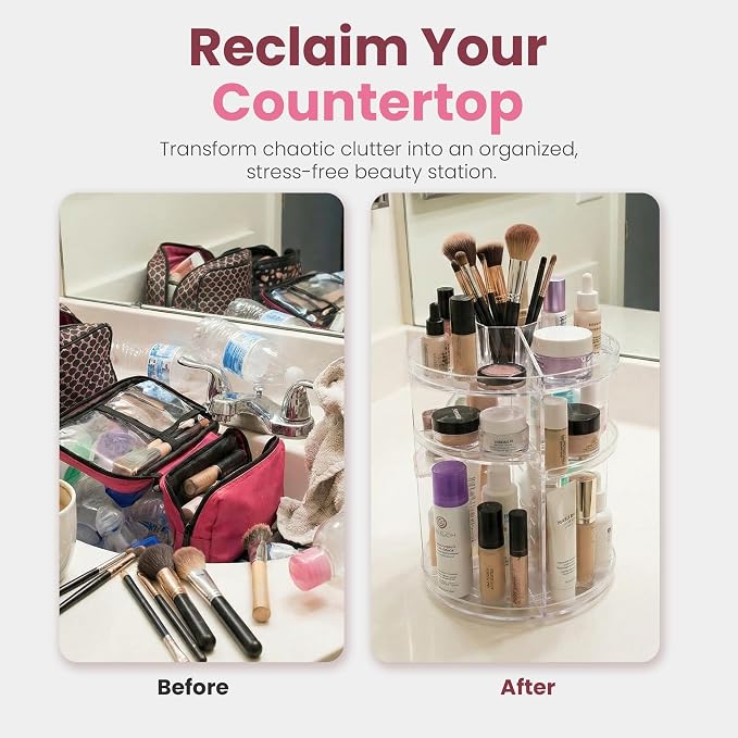 Masirs 360 Rotating Makeup Organizer Countertop - Adjustable Shelf Height - The Perfect Round Spinning Cosmetic Organizer for Bedroom Dresser or Vanity Countertop Storage (Clear)