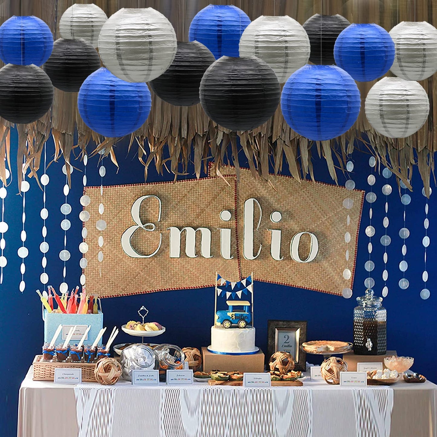 Paper Lanterns Decorative, Round Hanging Lantern for Graduation Wedding Birthday Anniversary Bachelorette Retirement Party Decorations, Navy Blue/Silver/Black 9pcs