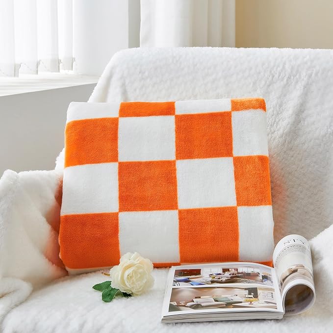 BEDELITE Checkered Twin Blanket for Couch Bed, Soft & Cozy Fleece Flannel Blanket with Checkerboard Grid Home Decor, Checkered Orange Tennessee Blanket, 60x80 Inches