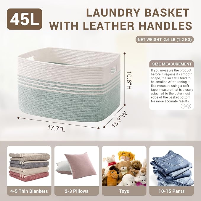 45L Small Laundry Basket for Living Room Storage, Woven Rope Baskets Bin for Blanket, Kids Toy, Gifts, Wicker Hamper for Bedroom Dirty Clothes, 18"x14"x11" White Green