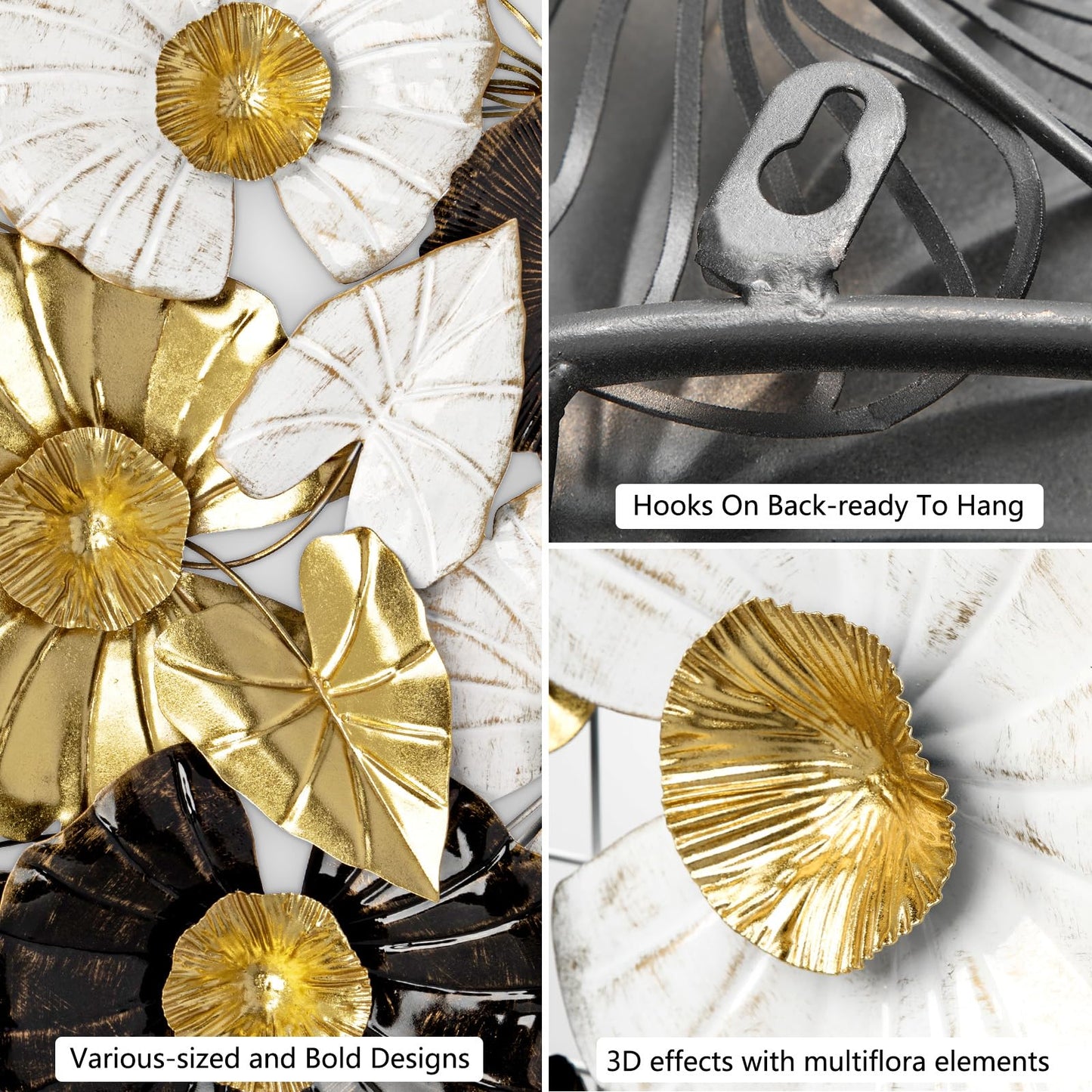 45 Inch Extra Large Wall Decor Art Wall Accents for Living Room, White Gold and Black Wall Art Metal Hanging Decor, Home Kitchen Bathroom Above Bed TV Over White Wall Decor, Rustic Wall Sculptures Decoration
