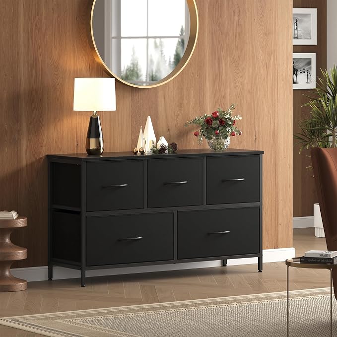 OLIXIS 5 Drawer Dresser for Bedroom, Closet Chest Organizer Furniture, TV Stand for Living Room Hallway, Wide Fabric Storage Tower with Wooden Top and Metal Frame, Black
