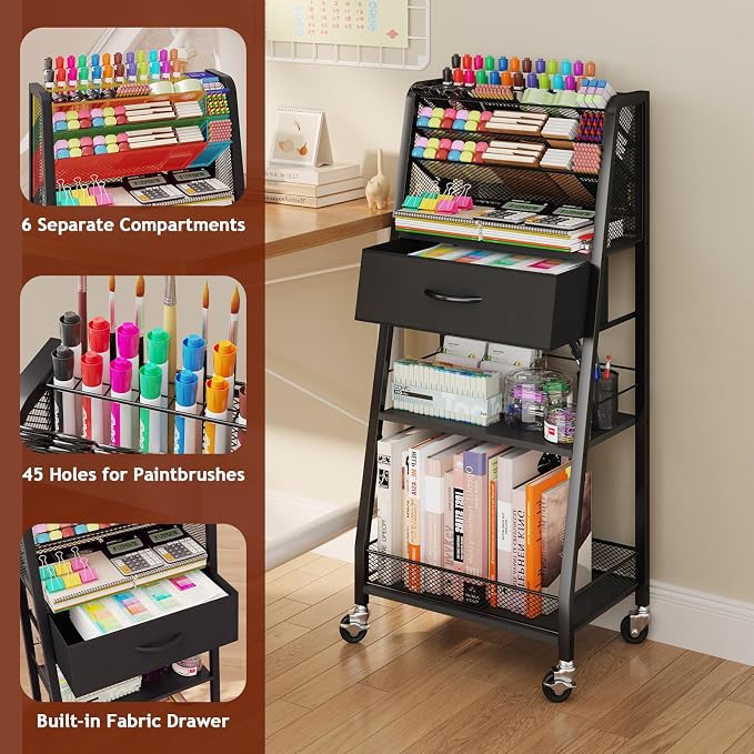 Homsorout 3 Tier Rolling Cart - Metal Utility Cart with Storage Drawer and Wheels, Versatile Art & Craft Organizer for Home, Office, or Studio - Ideal for Storing Brushes, Paints, and Supplies（Black）