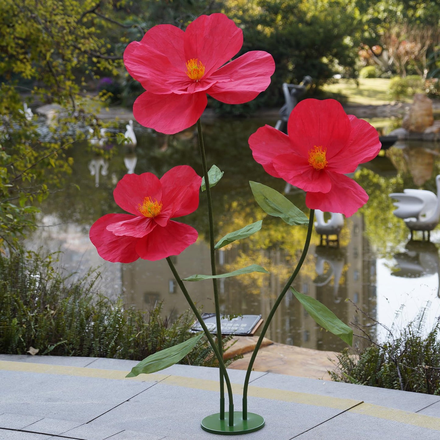 ZEYEXE Large Paper Artificial Flowers,Giant Flowers for Decoration,Huge Handcrafted Poppy Fake Flowers with Stand for Home Decor Bridal Shower Party Outdoors Yard Event Backdrop Decor (red)