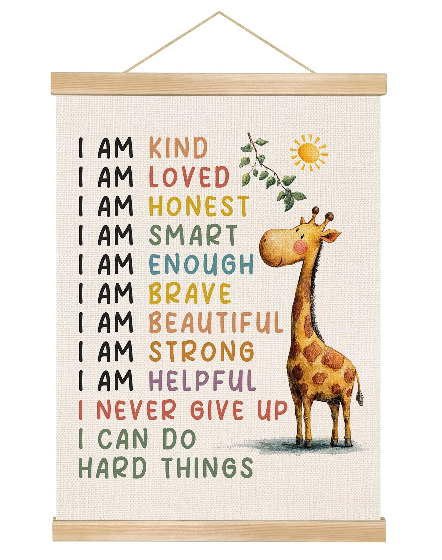 Positive Affirmations Wall Art Decor– I Am Kind,I Am Strong Canvas Poster with Giraffe Pattern, Motivational Wall Hanging Decor for Classroom Nursery Playroom,Kids Room Decor 14.5x18Inch(Je03)