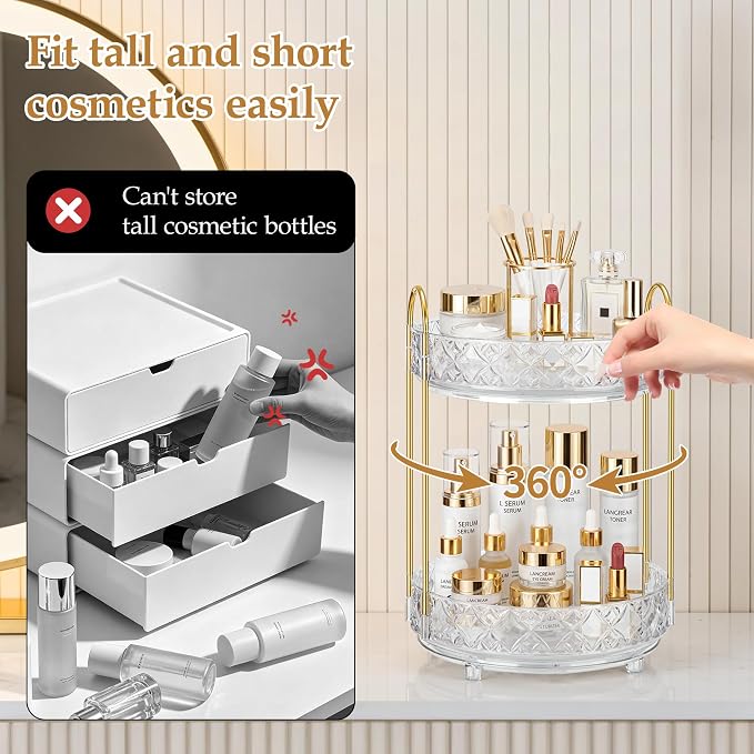 360 Rotating Makeup Organizer for Vanity, 2 Tier Adjustable Perfume Organizer for Dresser, Multi-Function Spinning Cosmetics Skincare Storage for Bedroom, Dresser, Countertop, Clear