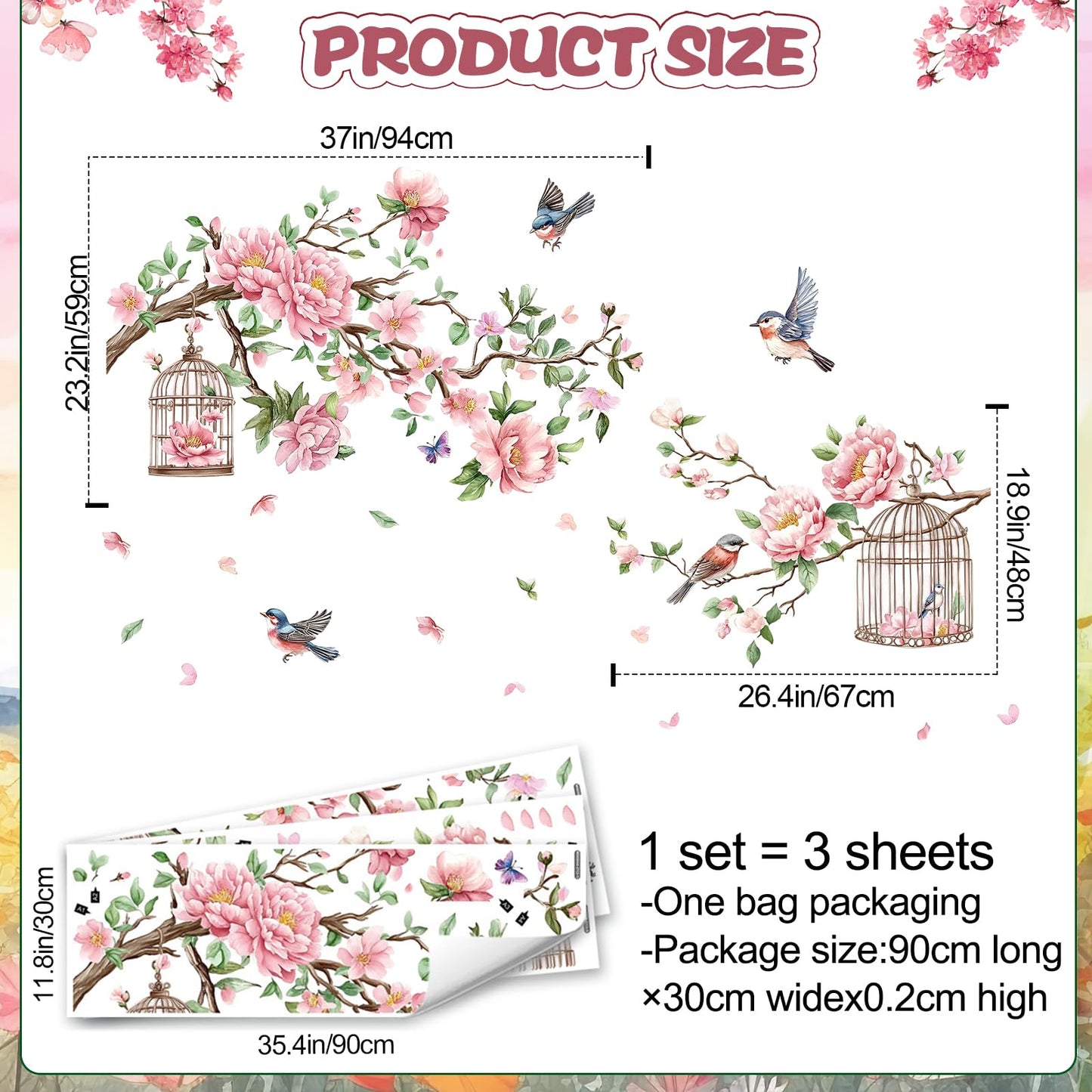 Removable Large Flowers with Tree Branches Wall Stickers – DIY Peony Floral Birds Wall Decals, Peel and Stick Leaves & Birdcage Wall Decor for Kids Girls Bedroom, Nursery, Living Room, Classroom