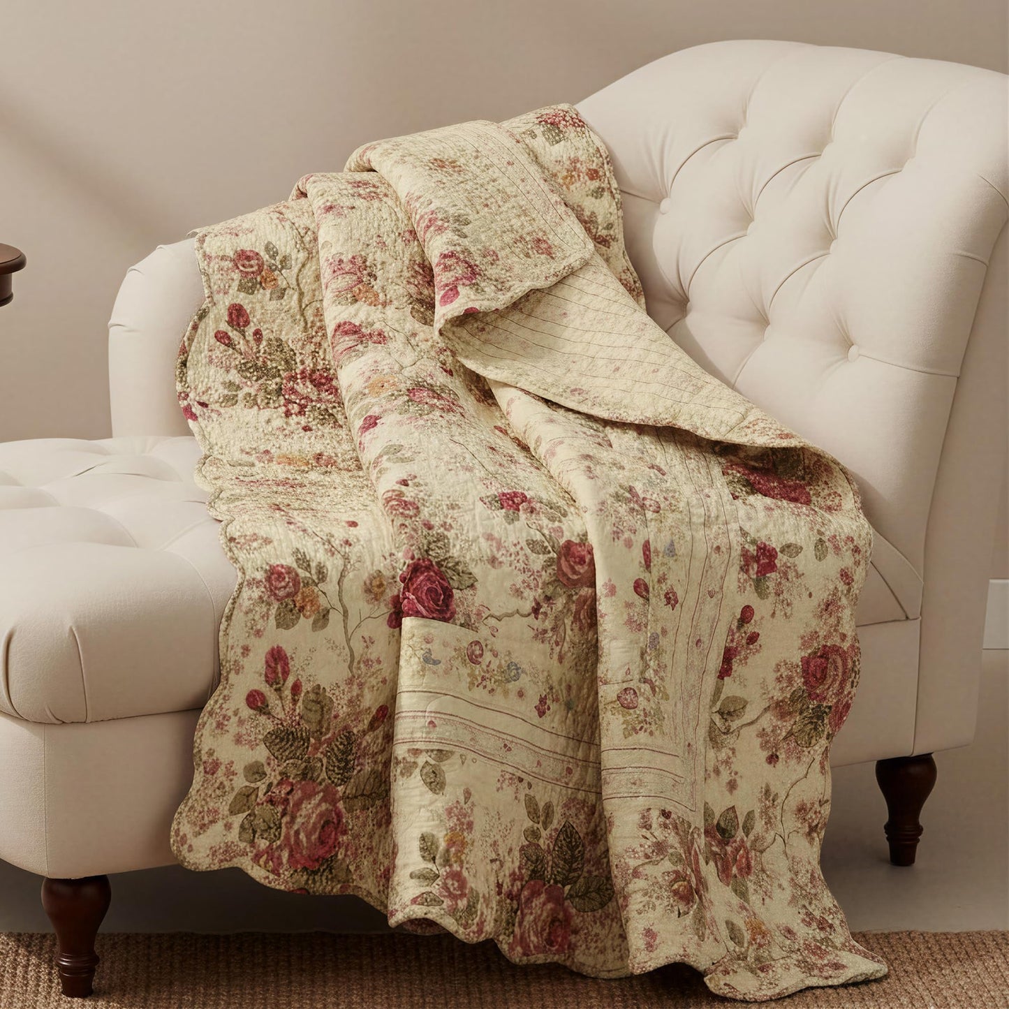 Greenland Home Fashions Antique Rose - Classic Traditional Floral - 100% Cotton Quilted Throw Blanket, 50 x 60 inches, Ecru