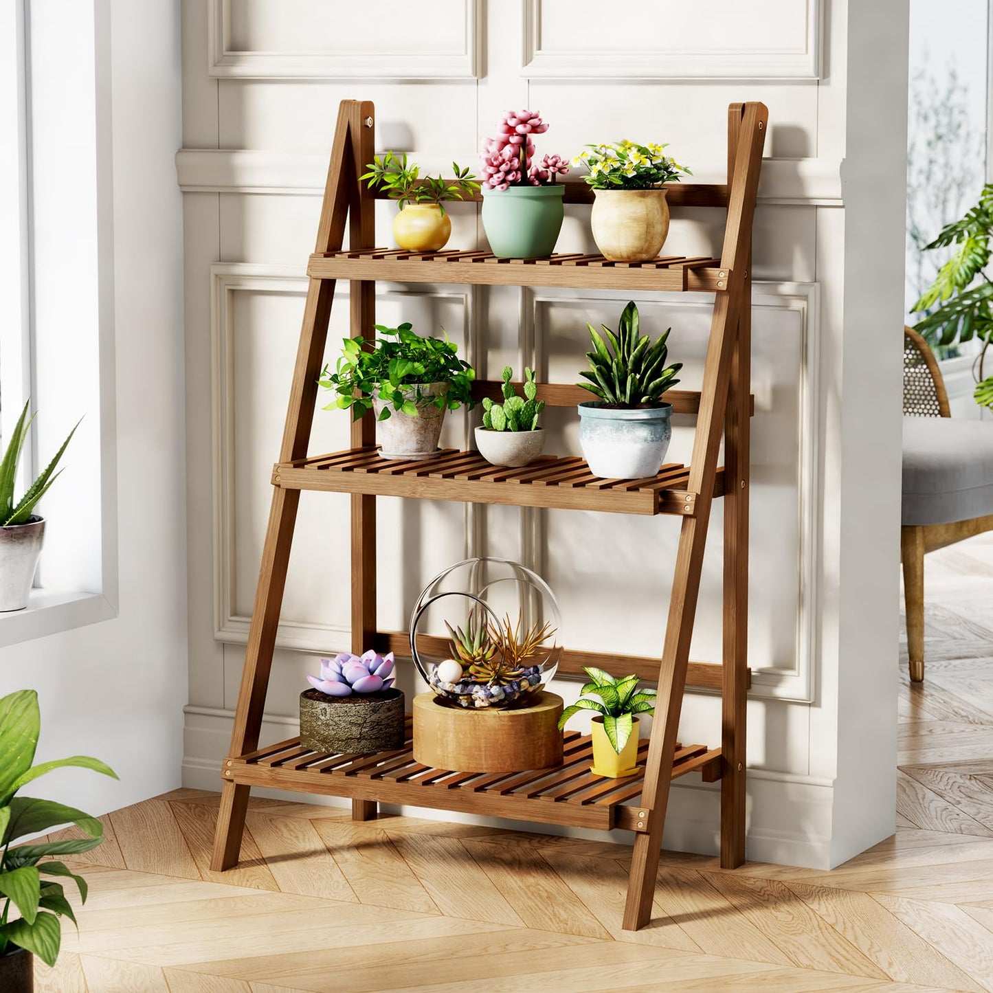 39.4" Bamboo Ladder Shelf Plant Shelf, 3 Tier Foldable Ladder Flower Pot Display Shelf Rack, 23.6"W x 15"D x 39.4"H, Freestanding Bookshelf for Garden, Balcony, Yard, Patio, Lawn, Living Room, Walnut