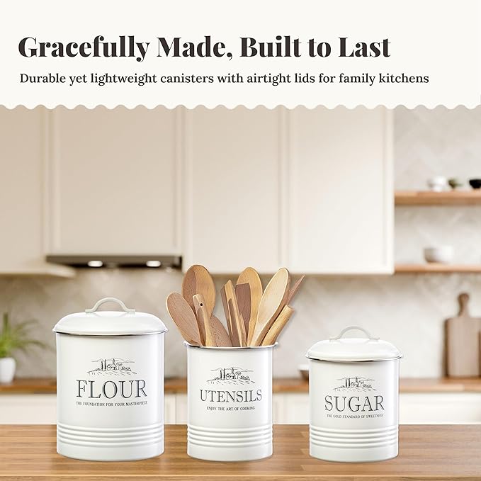 noonberry Kitchen Canisters for Countertop - 3-Piece Airtight Canister Set for the Kitchen Counter with Utensil Holder - Flour Sugar Containers - Cream-White Magnolia Finish
