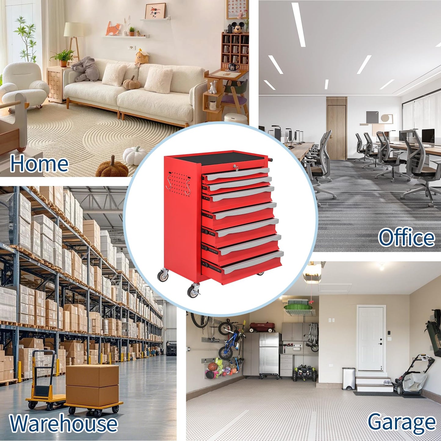 7-Drawer Tool Chest, Rolling Tool Cart, Large Capacity Tool Storage Cabinet with Keyed Locking and Drawer Liners, Link Buckle, and Can Be Combined to Large Cabinet Set, for Garage, Workshop, Warehouse