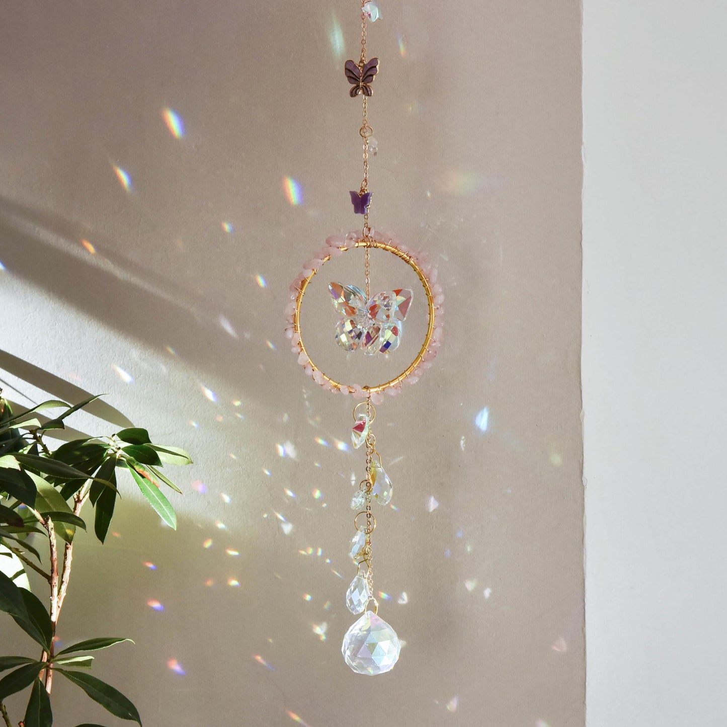 Pink Crystal Butterfly Sun Catcher, Elegant Home Decoration for Living Room, Bedroom, Dining, Kitchen, & Bath, Birthday Gift, Valentine's Day Gift