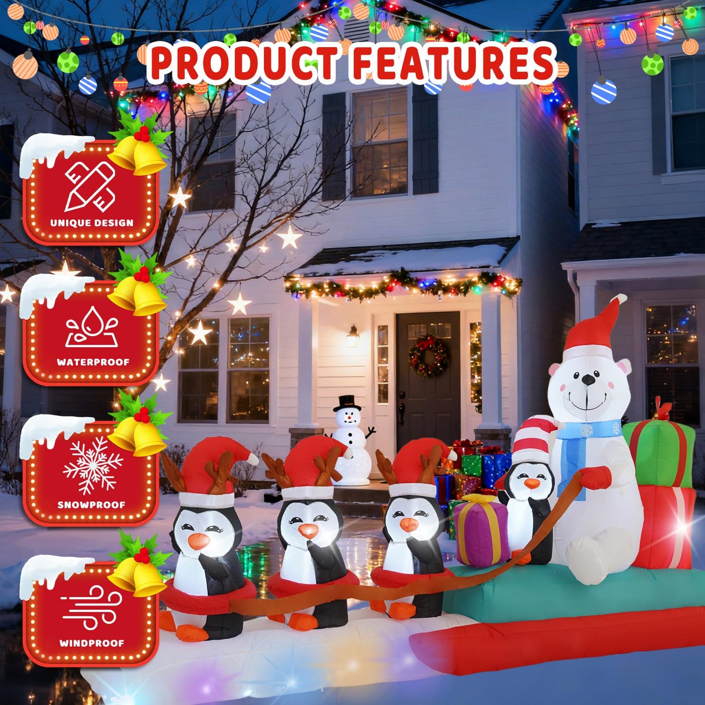 HZGDEJTG 10FT Penguin Pulling a Polar Bear On a Sleigh Christmas Outdoor Inflatable Decoration, Built-in LED Lights and Flashing Lights, Suitable for Christmas Lawns, Gardens, and Courtyards
