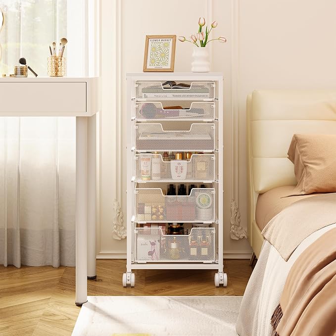 Sbanmao 6 Drawers Rolling Utility Cart, Rolling Storage Cart with Wooden Tabletop, Storage Drawer Cart on Lockable Wheels, Craft Cart for Bedroom, Classroom, Office, White
