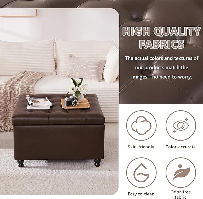 Weture 30 Inch Large Square Storage Ottoman Coffee Table, Oversized Square Ottoman with Storage, Tufted Upholstered Coffee Tables for Living Room (Leather, Brown)