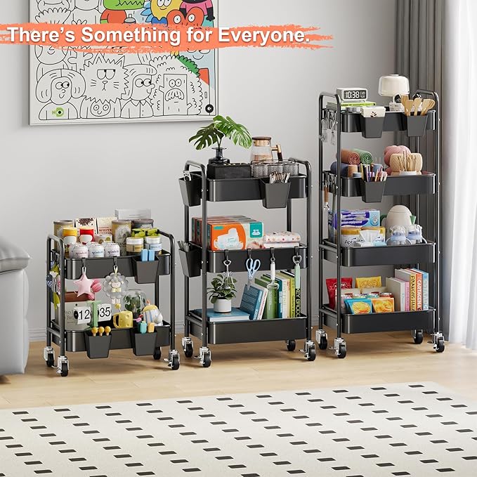 2 Tier Small Rolling Cart Metal with Wheels, Black Under Desk Storage Carts on Wheels, Short Utility Roller Shelf Trolley Organizer for Pantry, Kitchen, Office, Two Tiered Mobile Side Table, 22in Tall