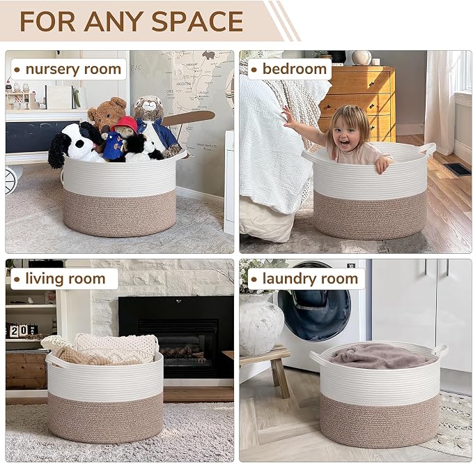 INDRESSME Large Blanket Basket, Laundry Toy Storage Baskets, Decorative Woven Basket for Living Room & Nursery, Baskets for Gifts Empty, Laundry, Dog Toys, Towels, White & Brown, 19.7" D x 12.6" H
