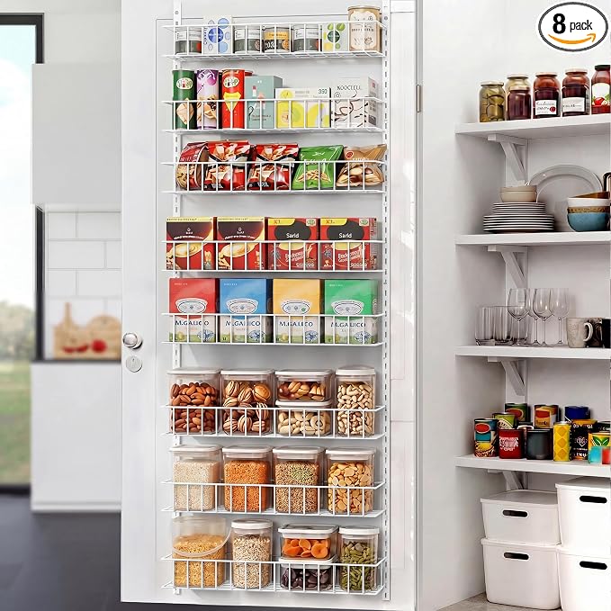 ElegantArray 8-Tier Pantry Door Oragnizer, Over The Door Pantry Organizer Rack and Storage, Hanging Spice Rack Shelves Door, Home Office Laundry Room Bathroom & Kitchen Organization, White
